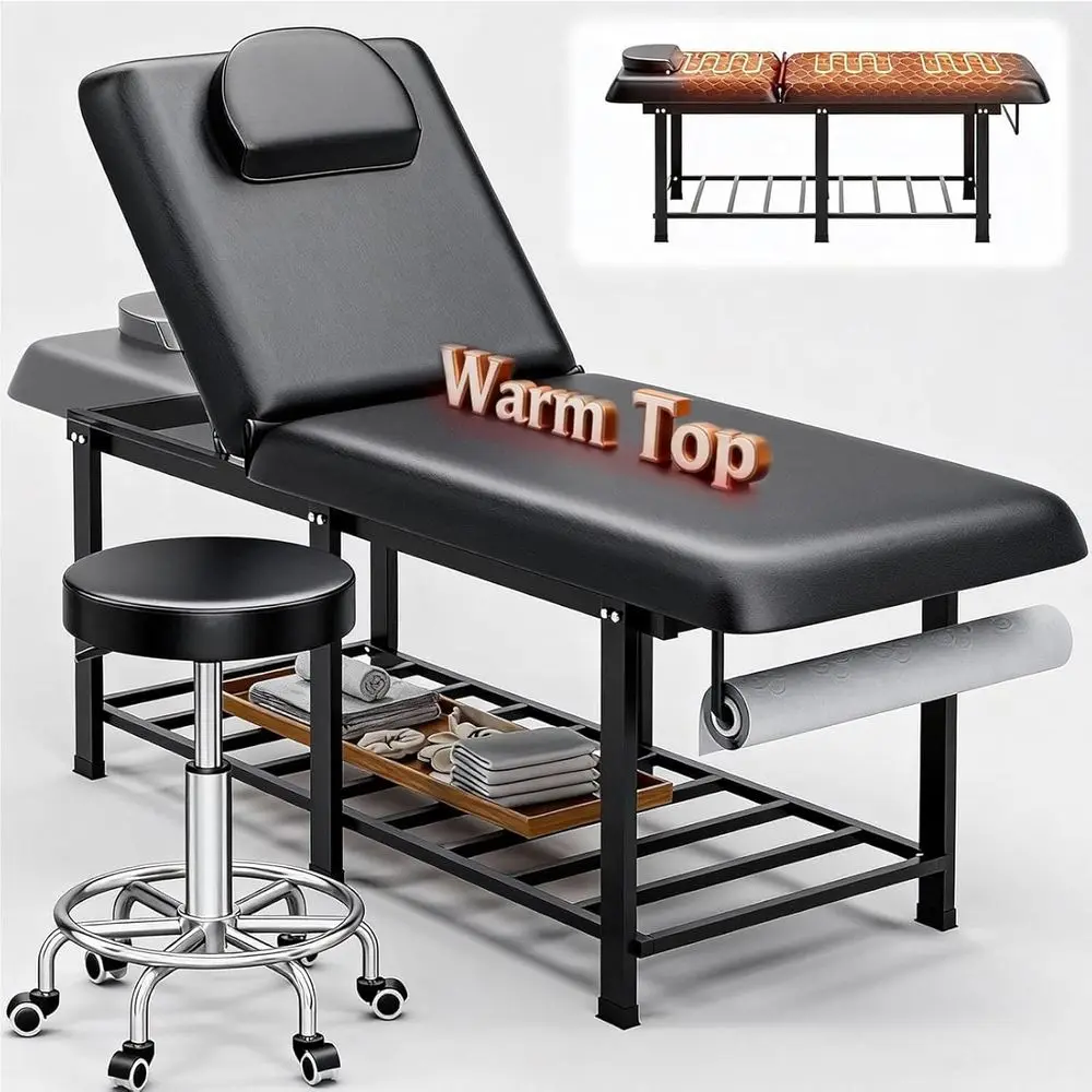 

Heated Massage Table with Adjustable Backrest, 0-70° Tilt, Spa Therapy Bed, Black with Stool