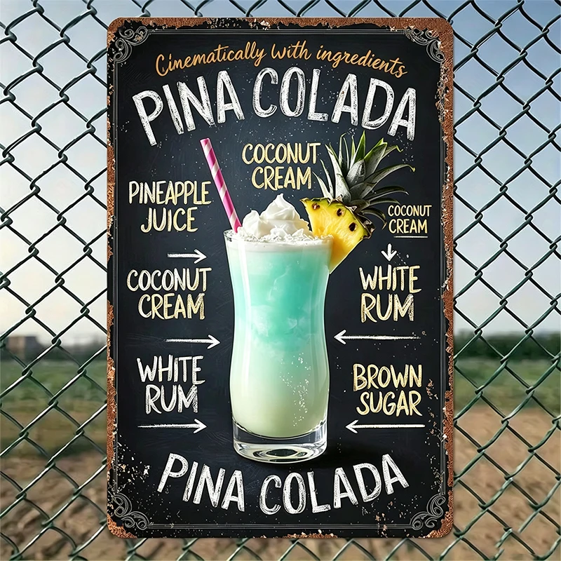 Vintage Pina Colada Metal Sign - Retro Wall Art with Tropical Drink Design, Perfect for Garden, Bedroom, or Garage Decor, Fea