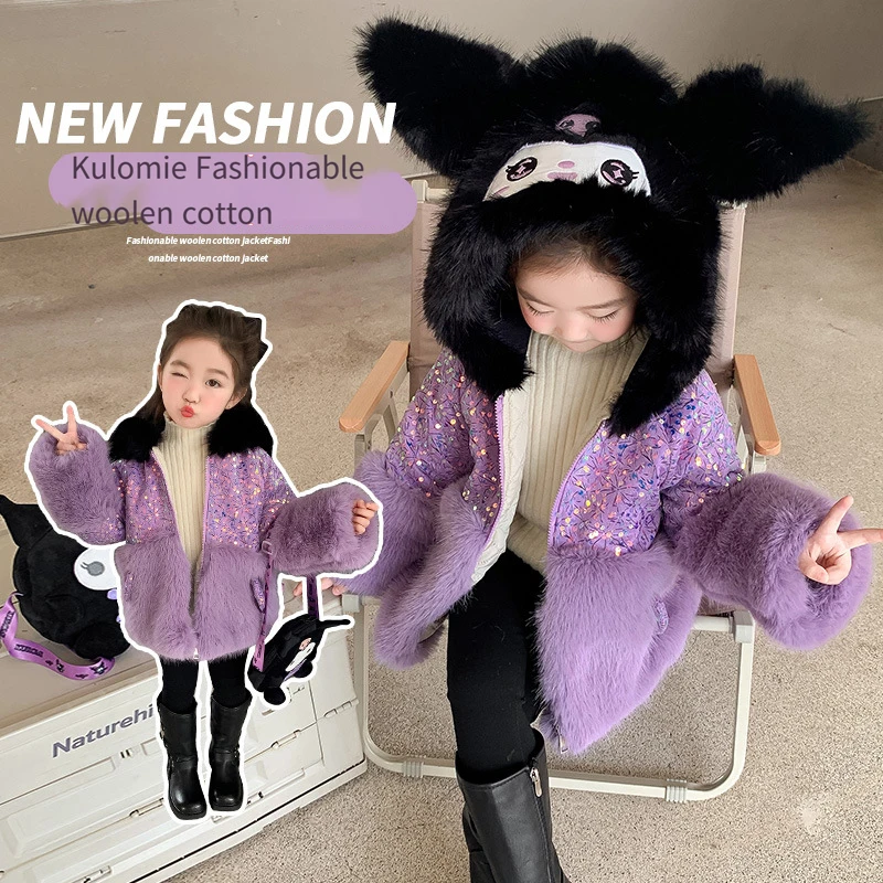 

New Kuromi Sanrios Cotton Clothes Kawaii Girl Woolen Sweater Coat Child Winter Clothes Plus Velvet Thicken Children's Clothing