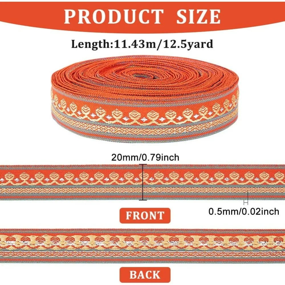 12.5Yard 20mm Wide Embroidered Woven Ribbon Orange Red Polyester Jacquard Ribbon Sewing Jacquard Trim Vintage Jacquard