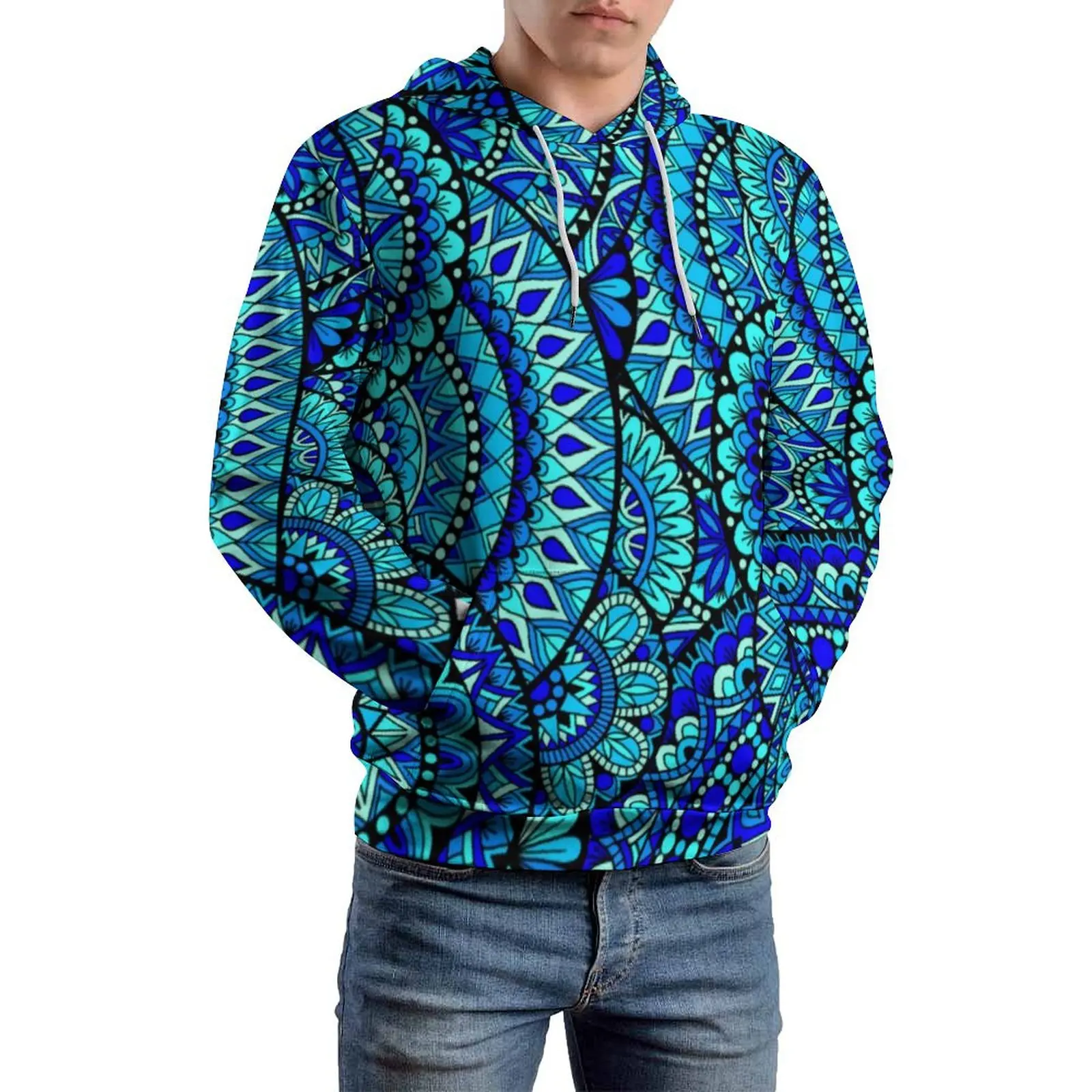 Ocean Mandala Loose Hoodies Retro Floral Print Streetwear Hoodie Men Long Sleeve Aesthetic Graphic Sweatshirts Big Size