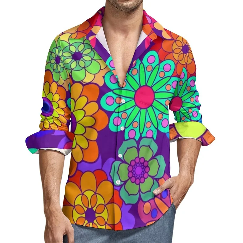 Harajuku masculino com padrão 3D de cores estampado camisa de manga comprida, camisa de rua, top legal, outono, inverno, 2024