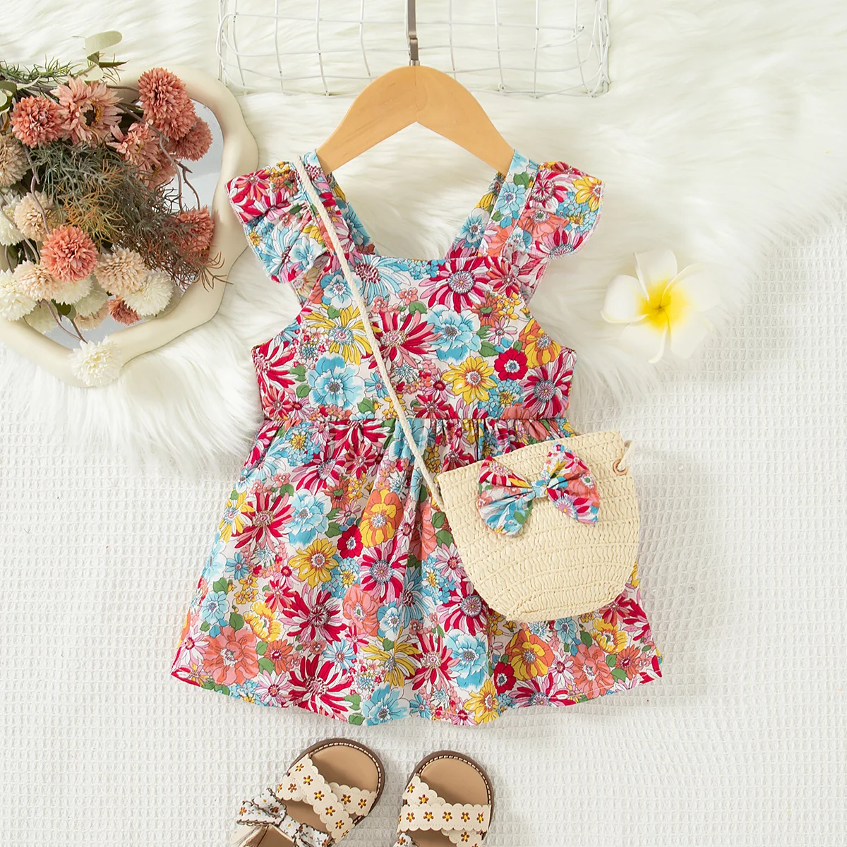 Baby Girl Dress Summer Full Print Floral Pattern Halter Beach Girl Dress Cute Casual Girl Kid's Dress With Bag