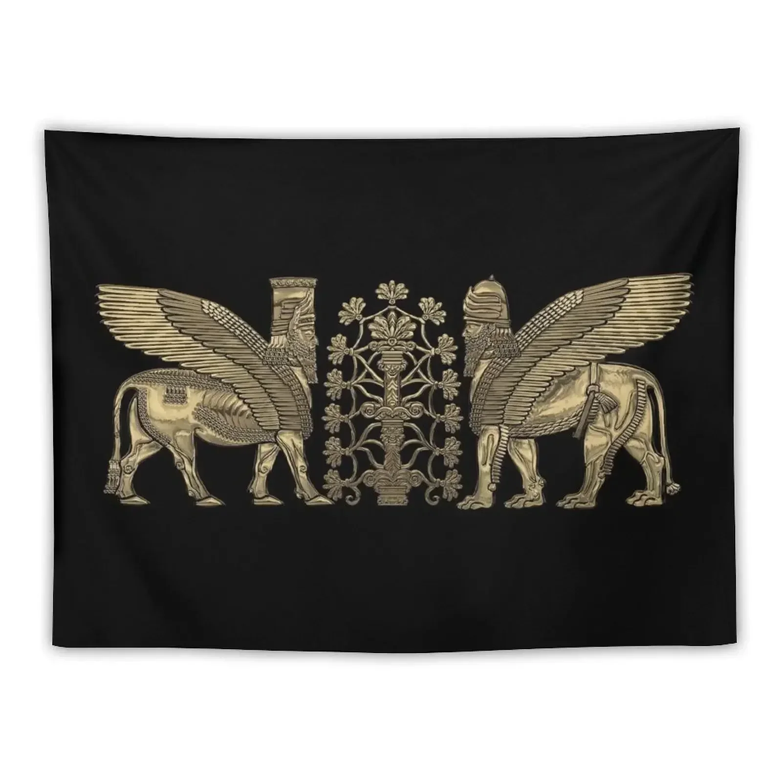 Gold Assyrian Winged Lion and Winged Bull - Lumasi with Tree of Life over Black Canvas Tapestry Decorations For Room Tapestry