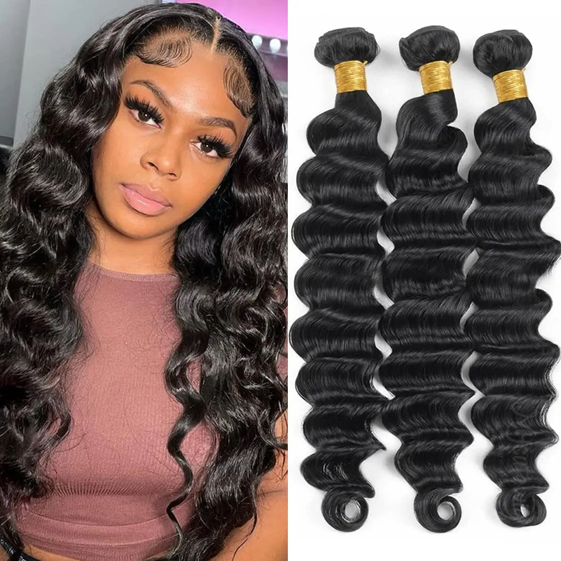 

Alipretty Loose Deep Wave Bundles Human Hair 1/3/4Pcs Deep Curly Bundles 100% Human Hair Extensions Deep Wave Natural Black