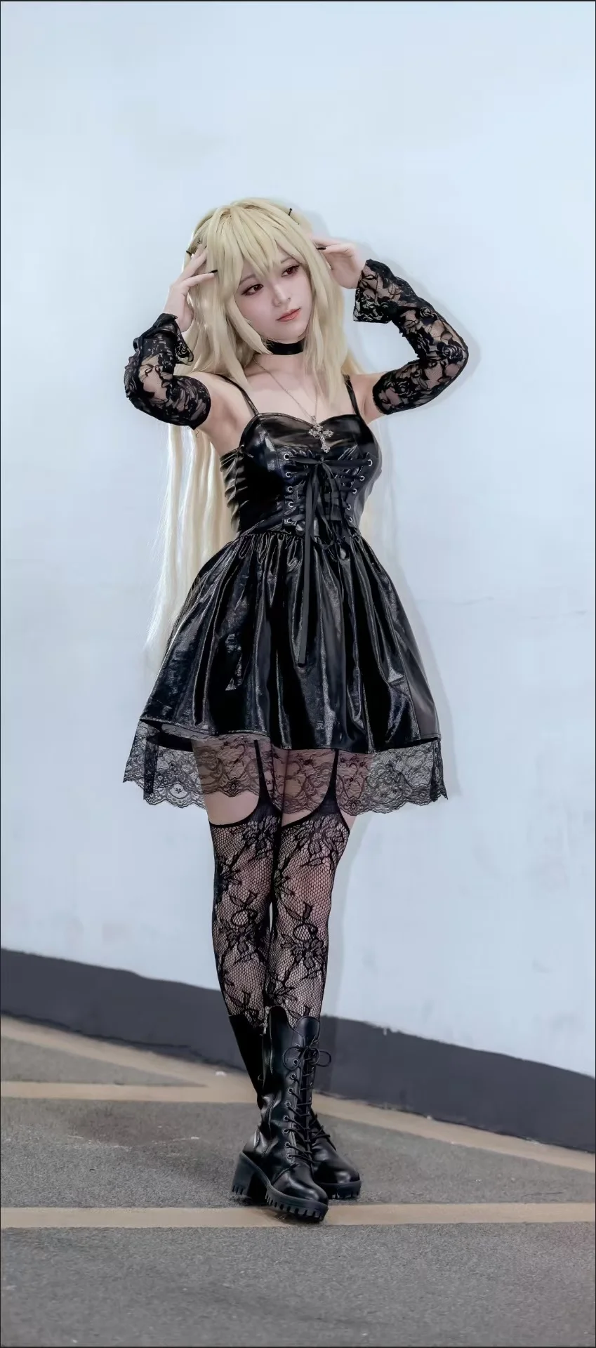 

Misa Amane Cosplay Costume from Death Note, Leather Skirt, Lace Dress, Wig, Full Set for Women