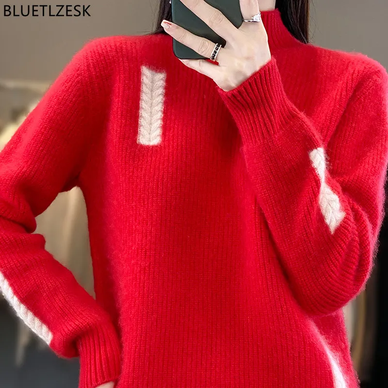 2023 Autumn Winter New Women\'s Clothing 100% Wool Cashmere Half High Neck Knit Sweater Soft Loose Large Size Pullover For Female