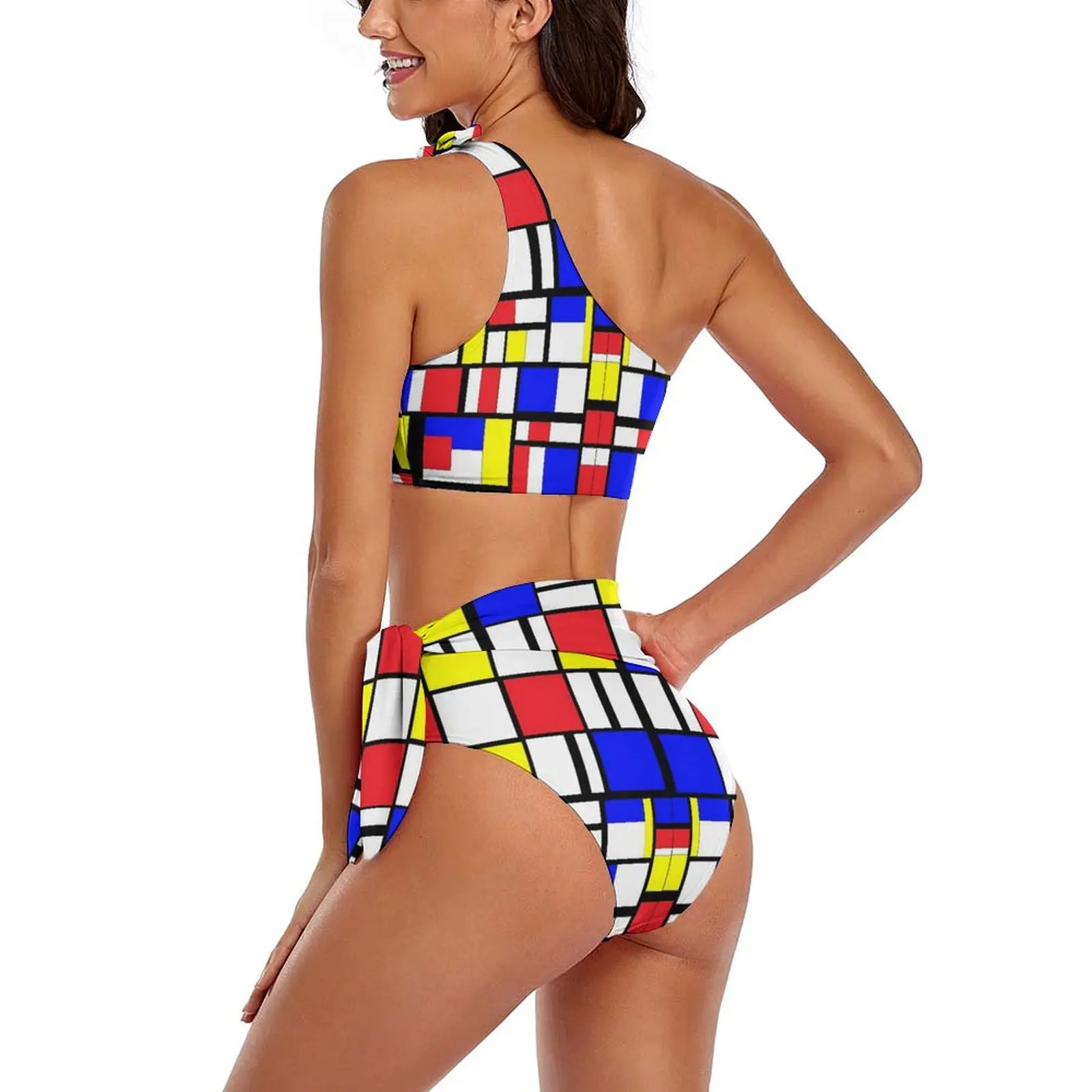 Conjunto de Bikini geométrico Vintage, bañador Sexy de estilo Mondrian, traje de baño de cintura alta, traje de baño gráfico Rave