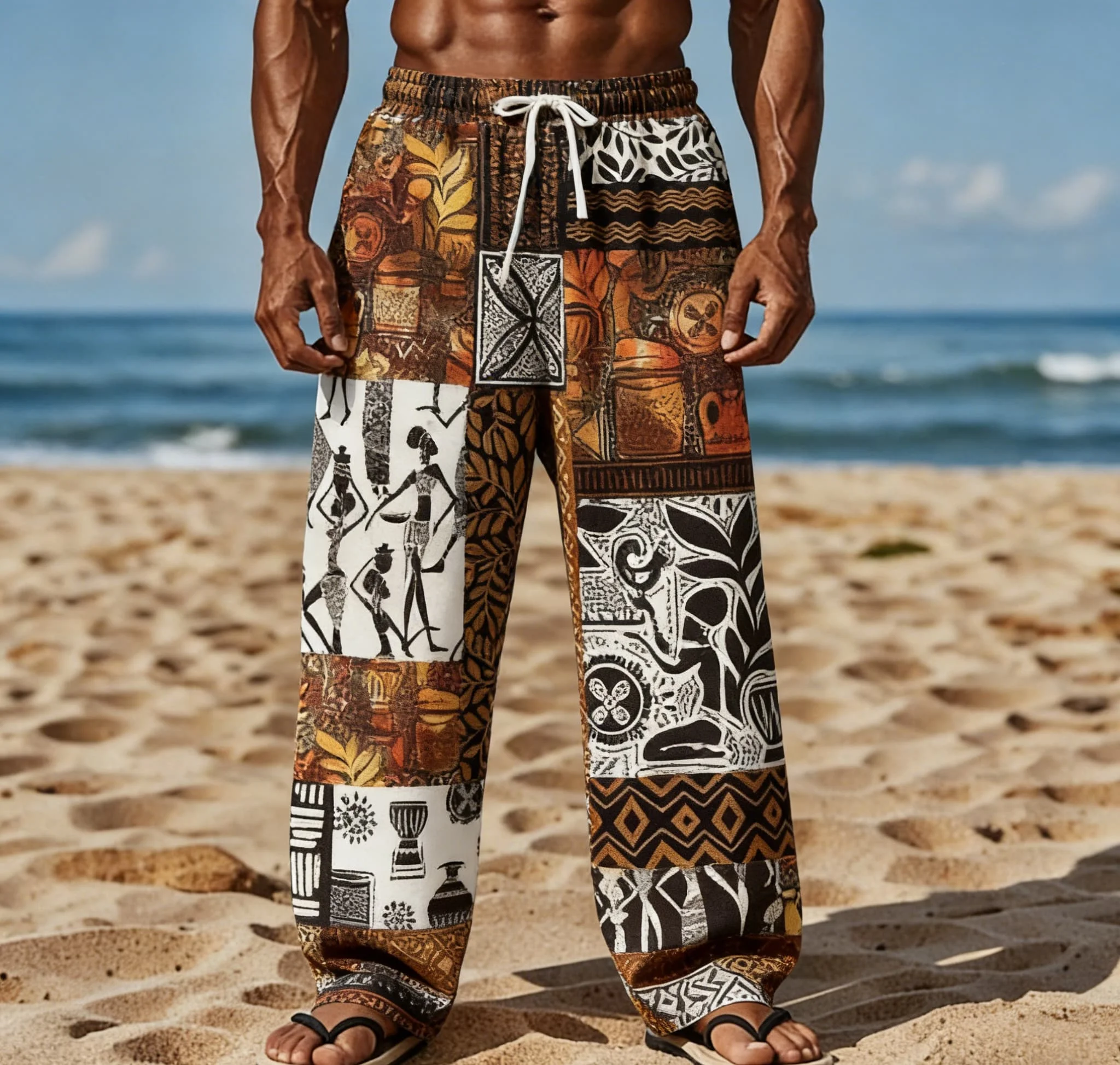 Herren Sommerhose im neuen Stil, afrikanischer Totem-Print, weites Bein, gerader Schnitt, lockere Passform, Strandurlaubs-Stil – Detail 3