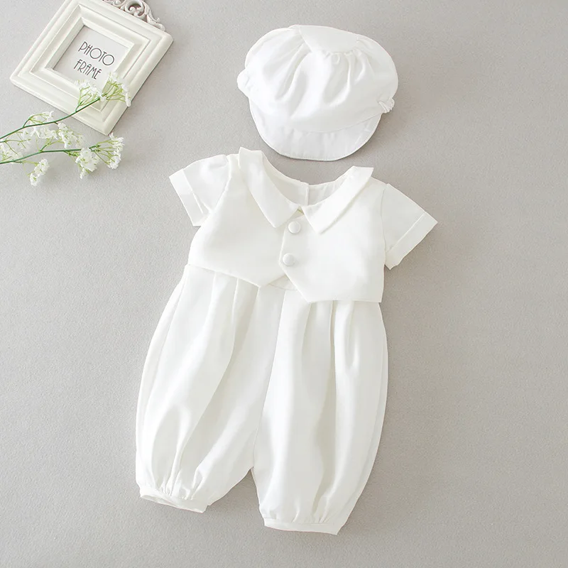 0-2 Years Baby Boys Christening Clothes Infant Toddler White Birthday Outfits with Hat 2pcs Baptism Clothing Set