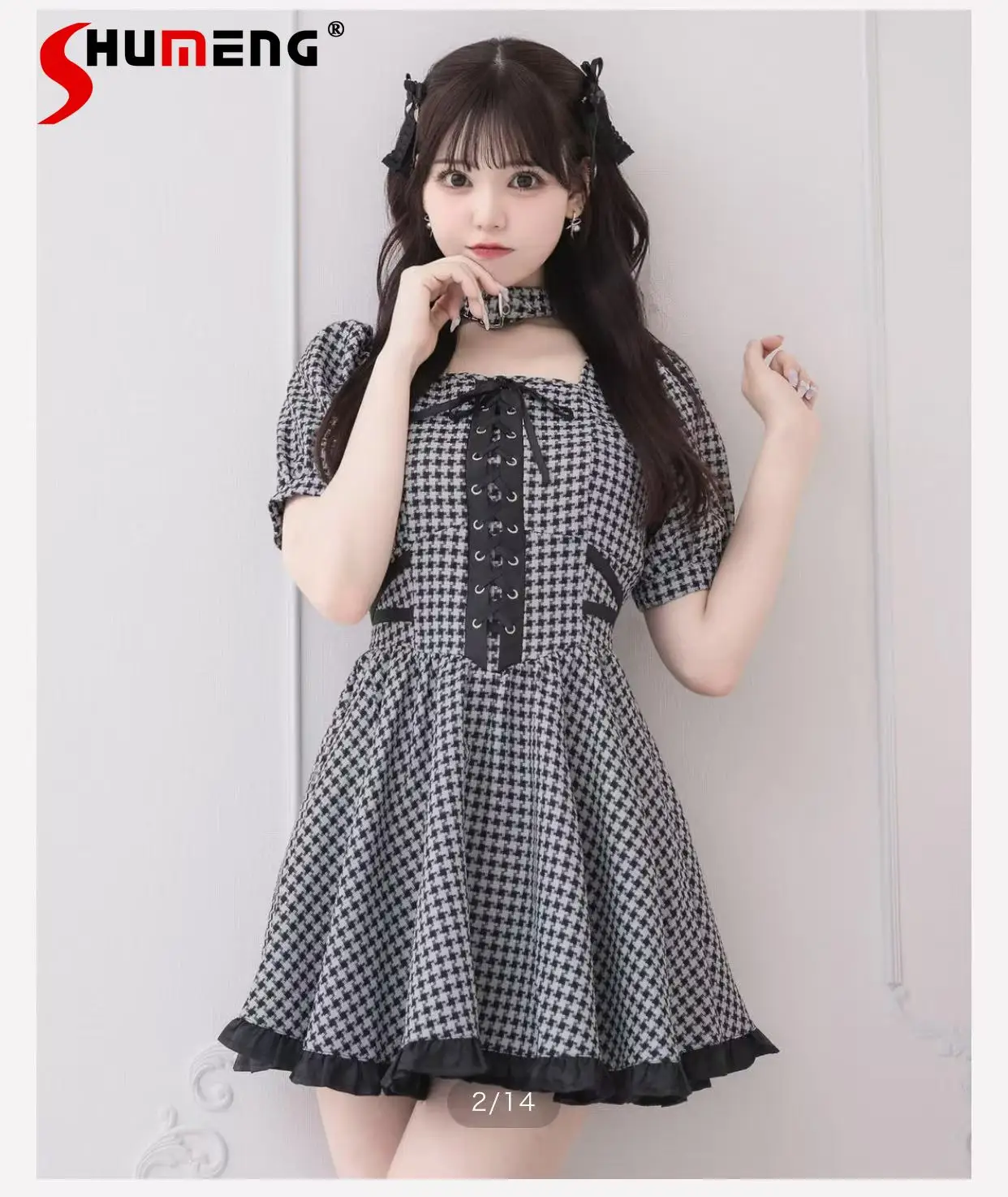 

Japanese Style Elegant Sweet Dresses Square Neck Bubble Sleeve Lace-up Bow High Waist Slim A-line Plaid Short Dress Women Summer