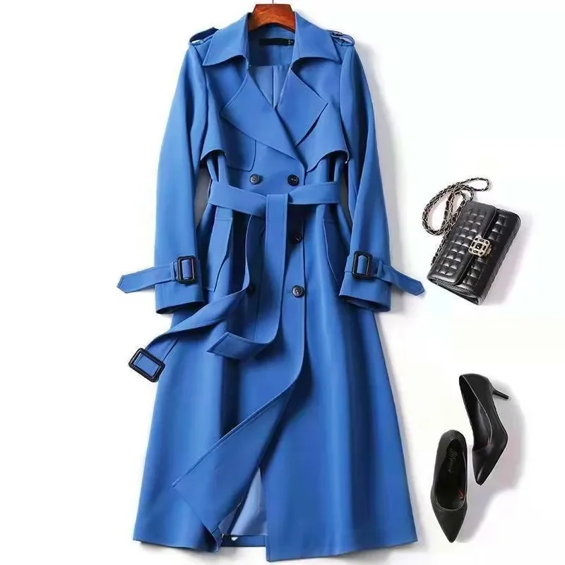

Women's Trench Coat 2025 Autumn Korean Long Jacket with Belt Solid Double-breasted British Style Khaki Coat For Women Red Blue