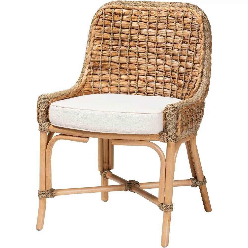 Modern Bohemian Natural Brown Woven Rattan Dining Side Chair With Cushion