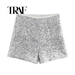 TRAF Women Chic Silver Sequins Decorate High Waist Side Zipper Shorts Female Fashion Slim Casual Shorts Streetwear 2872482