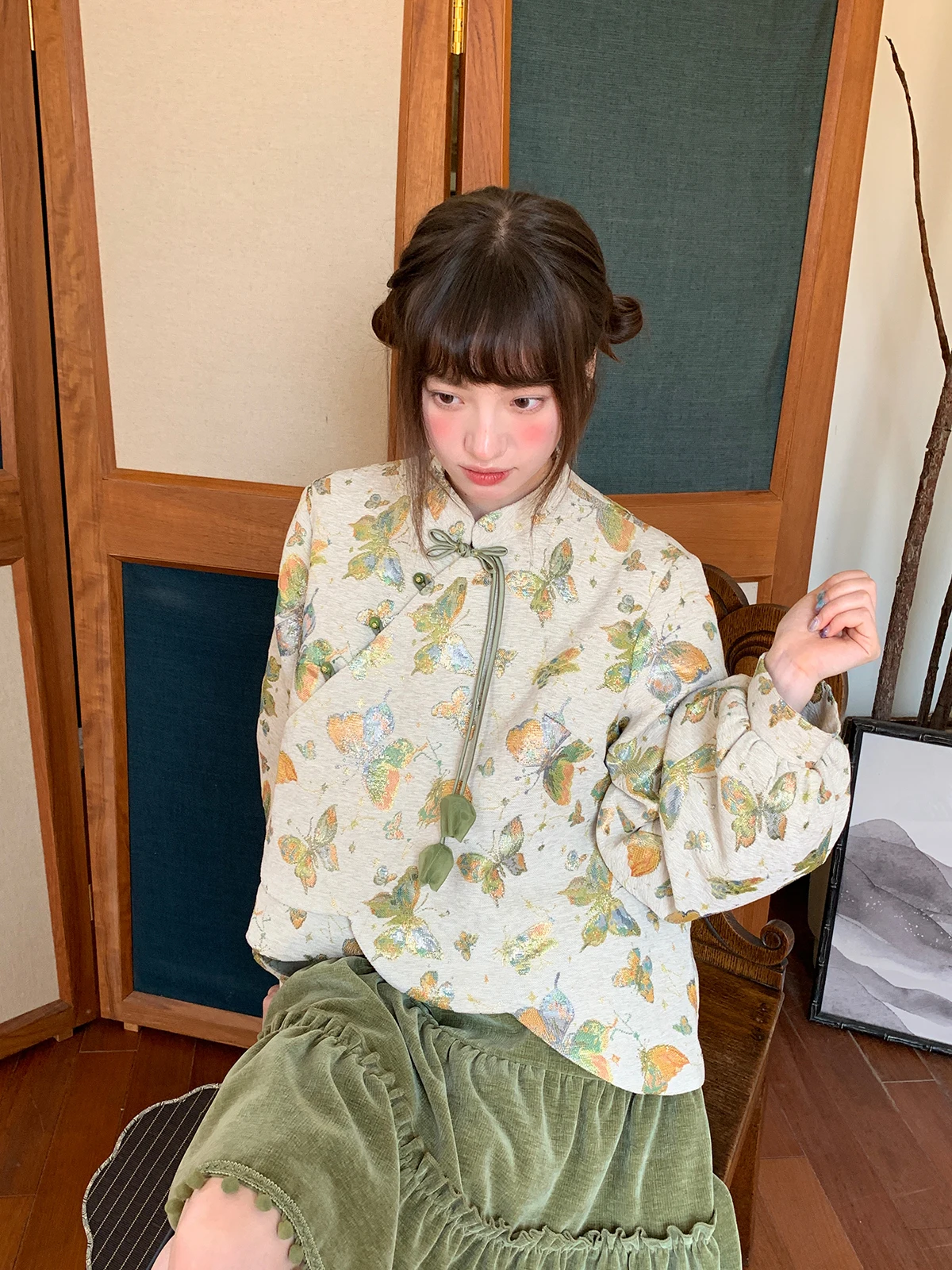 

New Chinese Sle Loose Long Sve Women's Top Casual Vintage Glass Design Asymmetrical ort T-irt for Autumn