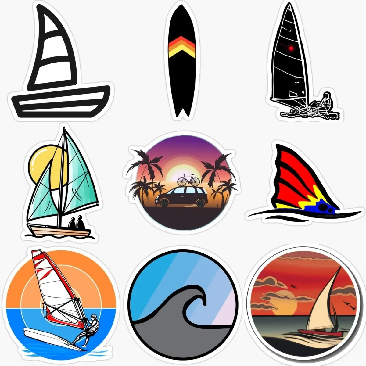 

Sailboats Surfboard Surfing Travel Vacation Creative PVC Waterproof Stickers Accessories for Decorate Car Van Suv Off-road Wall