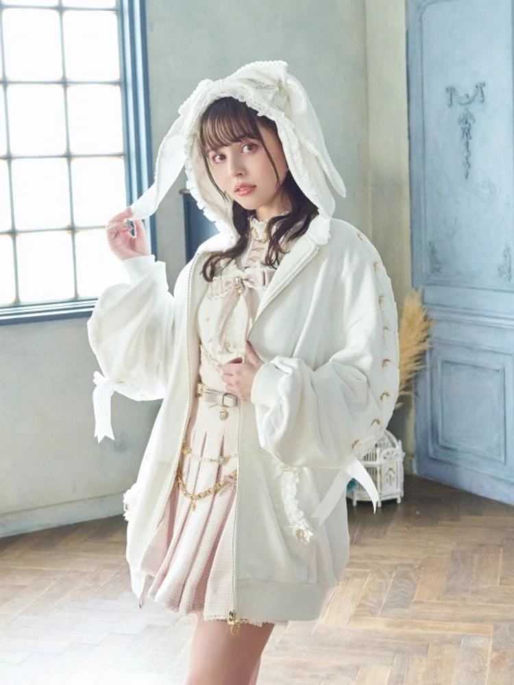 2025 가을 리즈 스윗 귀여운 소녀 토끼 귀 레이스 후드 재킷 레이스업 긴팔 지퍼 루즈 캐주얼 스웨트셔츠 후드티 여성