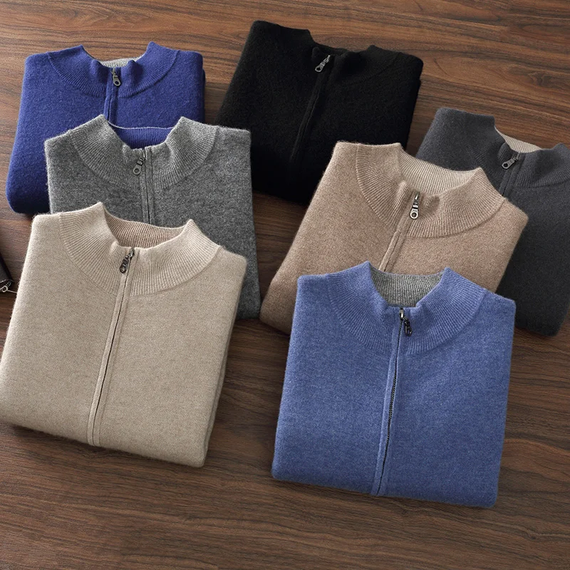 

Men's Mock Neck zipper cardigan 100% cashmere sweater autumn winter business casual jacket solid color long sleeved clothing