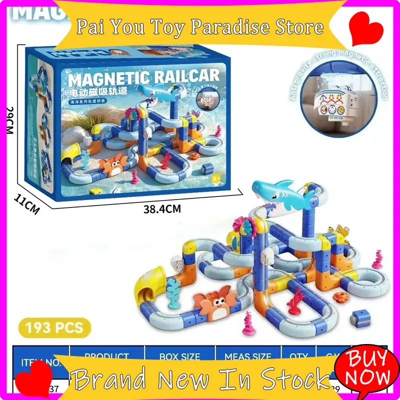 Hot Magnetic Race Car Track Ocean Series Interlocking Building Assembly Toy Set With Shark Road Signs Accessories In Stock