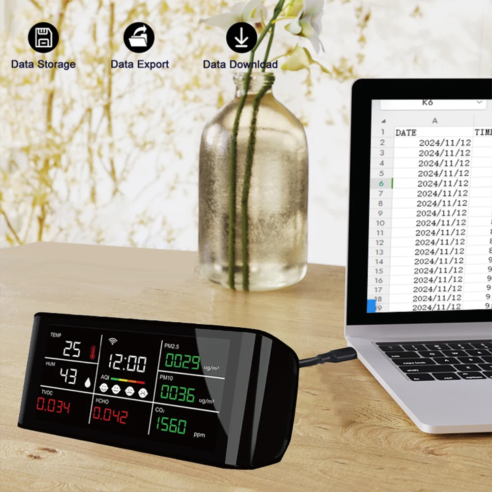 Dienmern Multi-Function Indoor Air Quality Detector with Data Download CO2/PM2.5/PM10/HCHO/TVOC Temperature Humidity