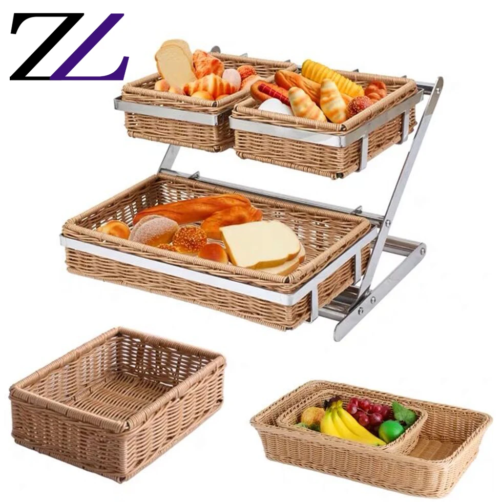 

Wholesale French Market Rectangle 2 Layers and 3 Grids Stainless Steel Fruit Display Stand Rack Rattan Fast Food Bread Basket