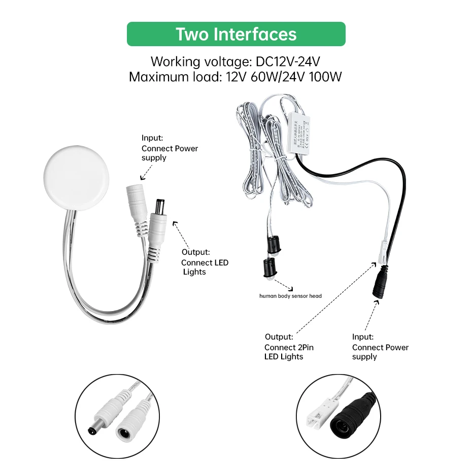 DC 12V 24V Penetrable Touch Sensor Dimmer Switch Dual Heads PIR Motion Sensor With DC Connector Dupont Male Port Sensor Switch