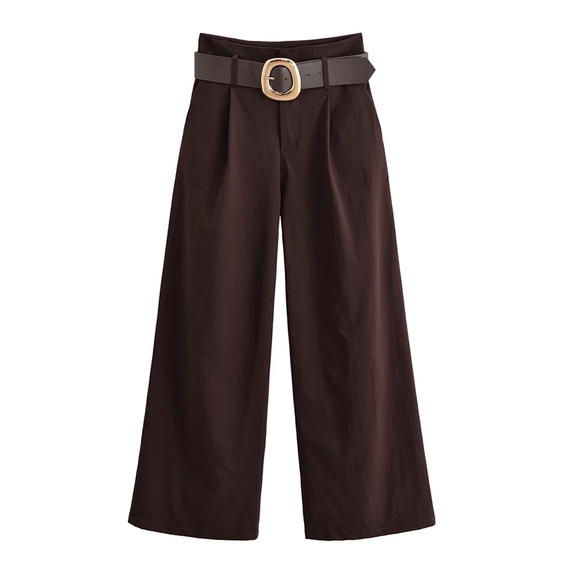 2025 Autumn Fashion Retro Brown High-Waist Slimming Wide-Leg Pants with Gold Circle Belt