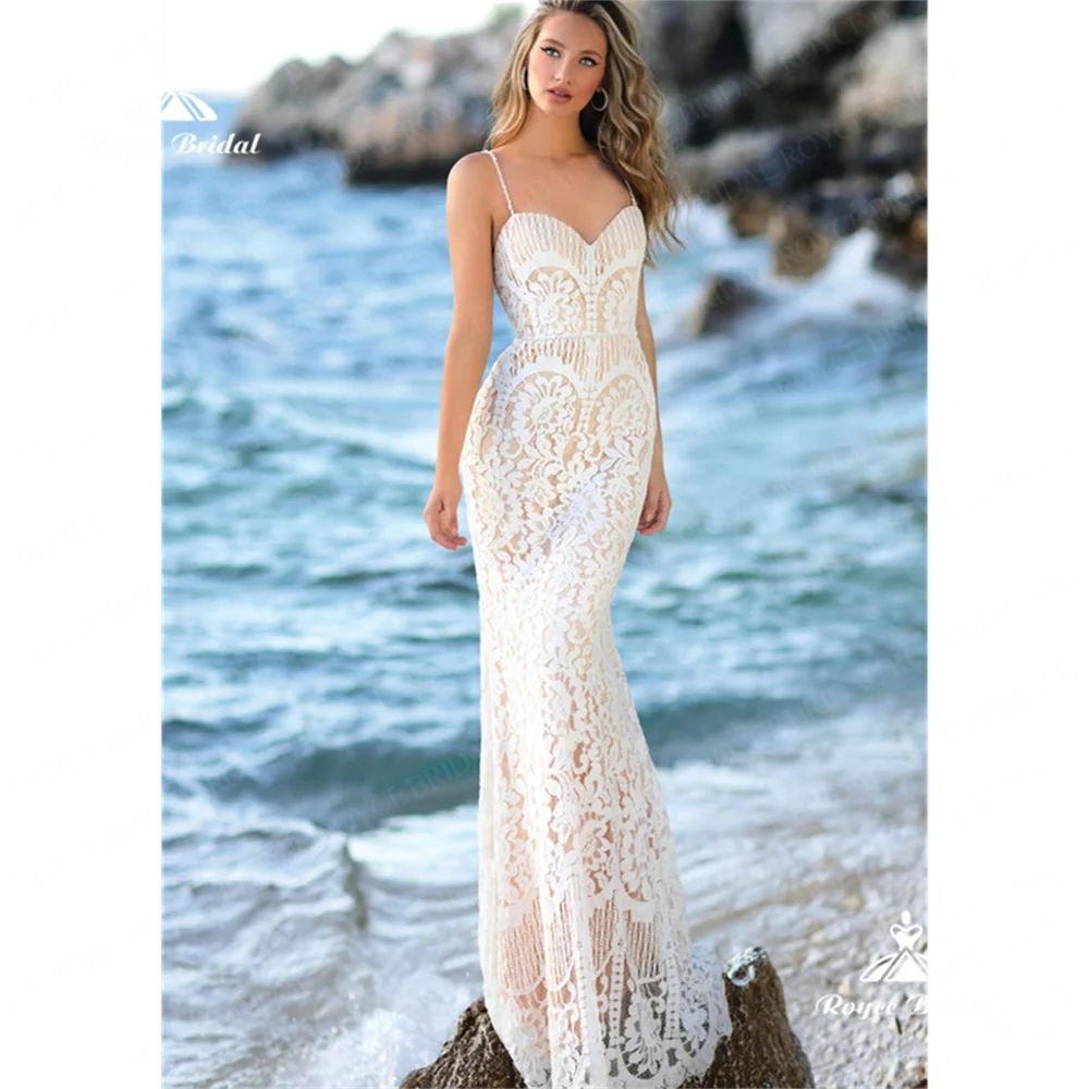 Roycebridal vestido de novia sirena con cuello en V 2025 vestido de novia de cola de corte sin espalda de encaje personalizado vestido de fiestagelinlikhochzeits