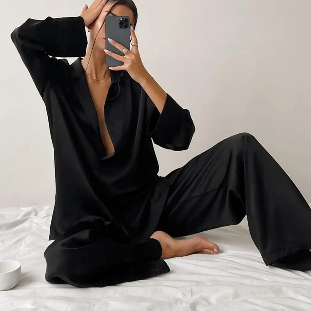 2 Pcs/Set Women Shirt Pants Set Homewear Oversized Satin Silk Sleepwear Sexy Pajamas Single-Breasted Long Sleeves Wide Leg Pants