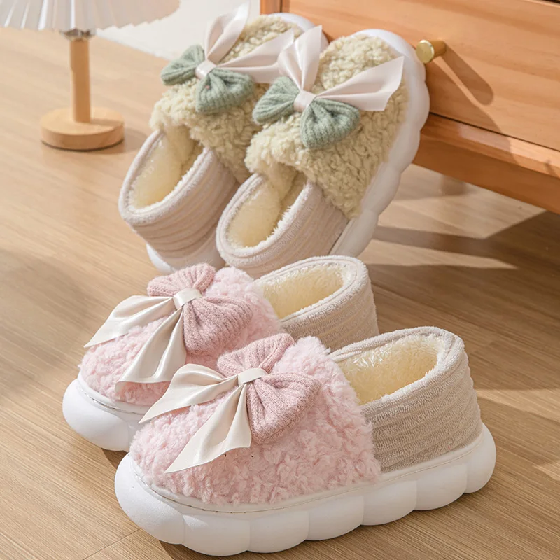 Bow cotton slippers new cotton shoes for women home autumn winter indoor warm moon cotton mop support winter