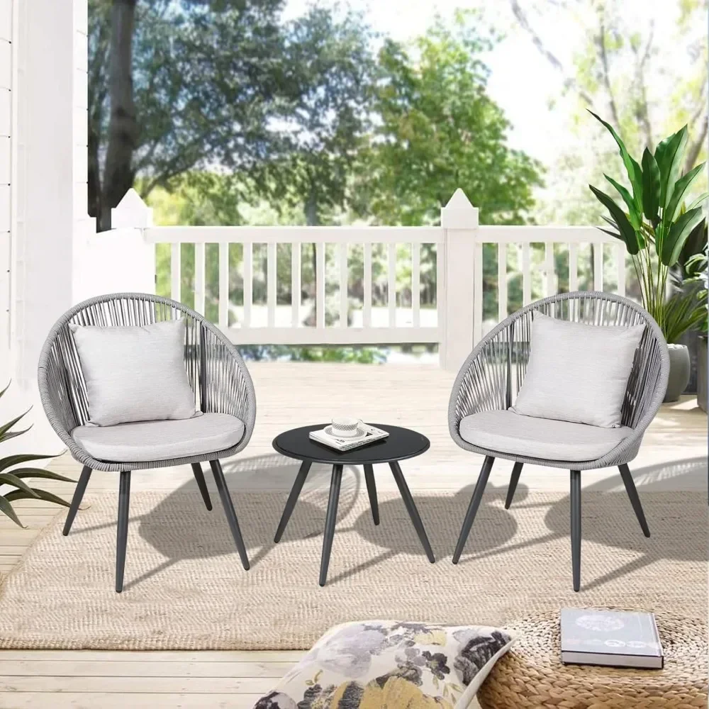 Outdoor Woven Rope Patio Bistro Set, Mobiliário Varanda Set com mesa de vidro e cadeiras almofadadas, 3 pcs