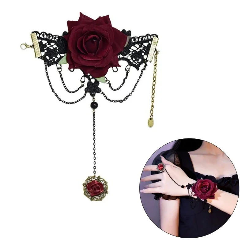 

Gothic Fingerless Gloves for Women Rose Flower Wristband Cuff Sleeves Decorative Gloves for Girl Wrist Decors