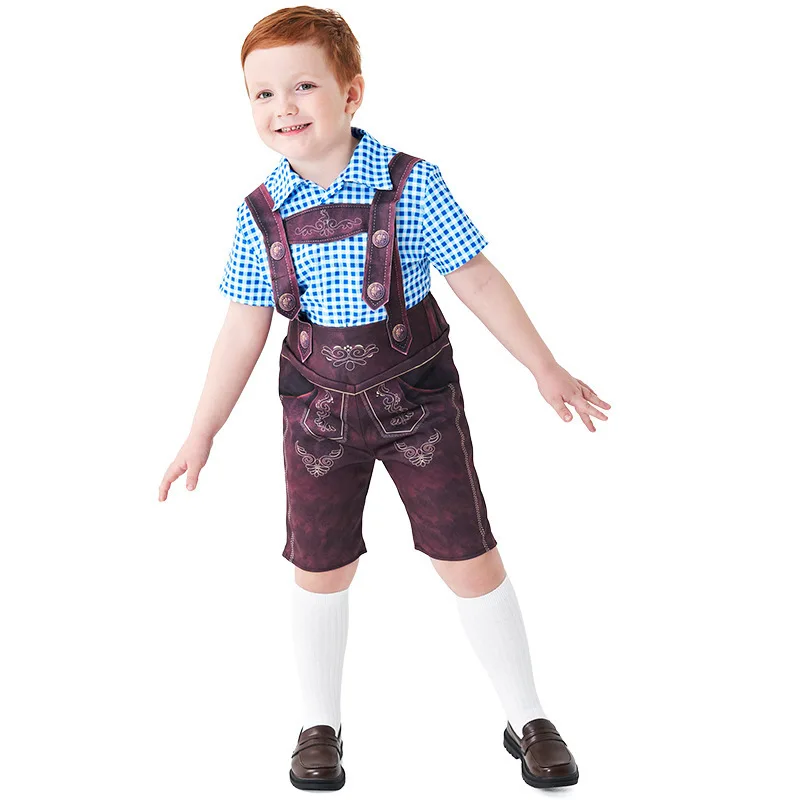 Boys Oktoberfest Lederhosen Costume Kids Bavarian Traditional Outfit Plaid Shirt Suspender Shorts Carnival Party Dress Up PS66