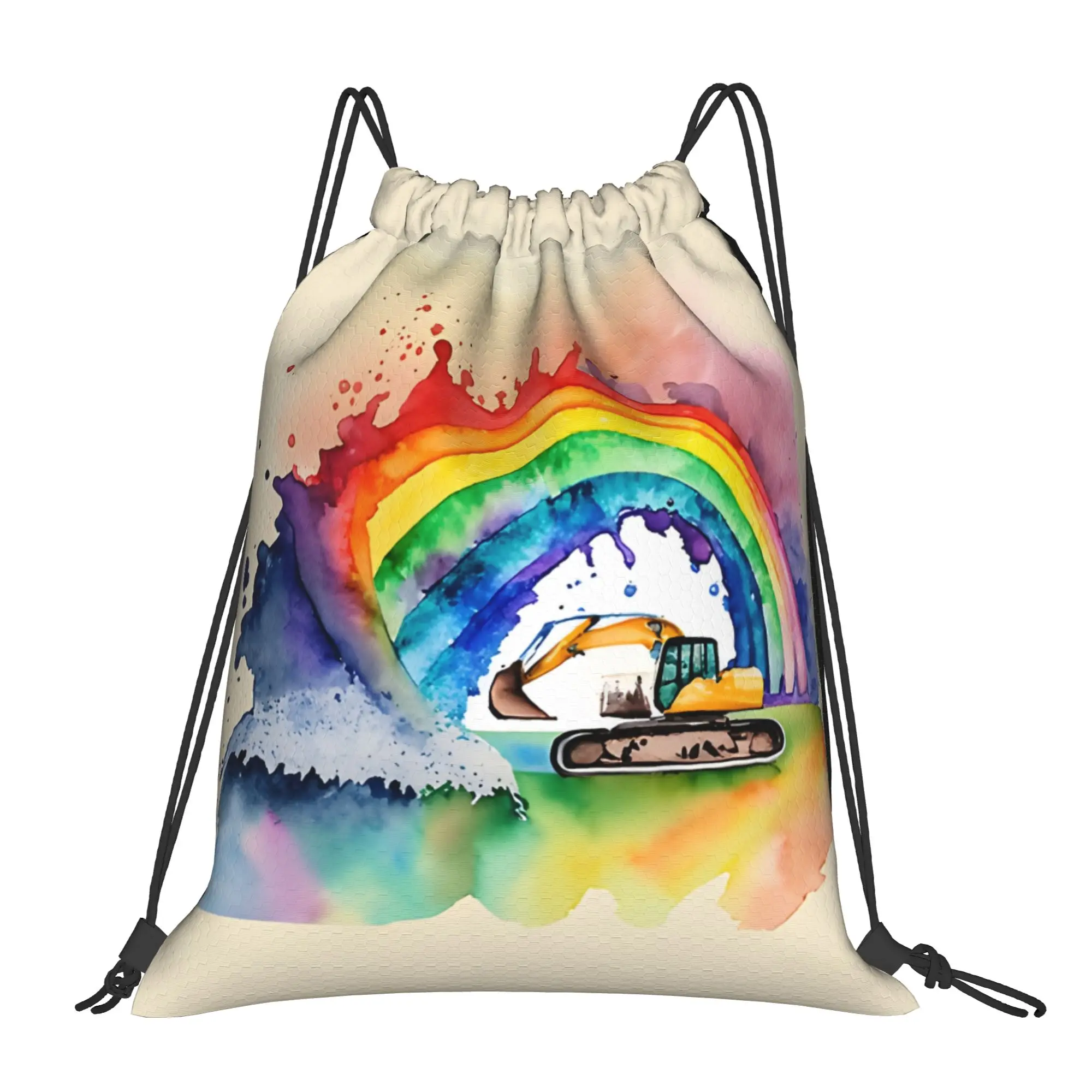 Vintage Excavator With Rainbow Construction vehicle Portable Sports gym Drawstring Bags gift Storage Backpacks For Teen Boys