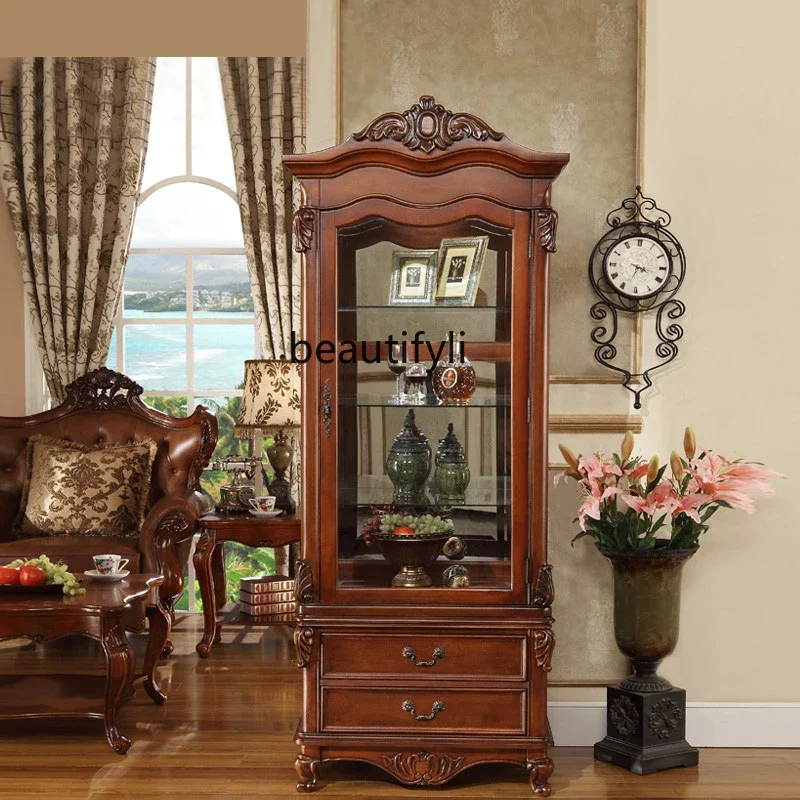 

American Style Solid Wood Residential Minimalist Storage Cabinet European Style Red Living Room Entrance Glass Display Cabinet