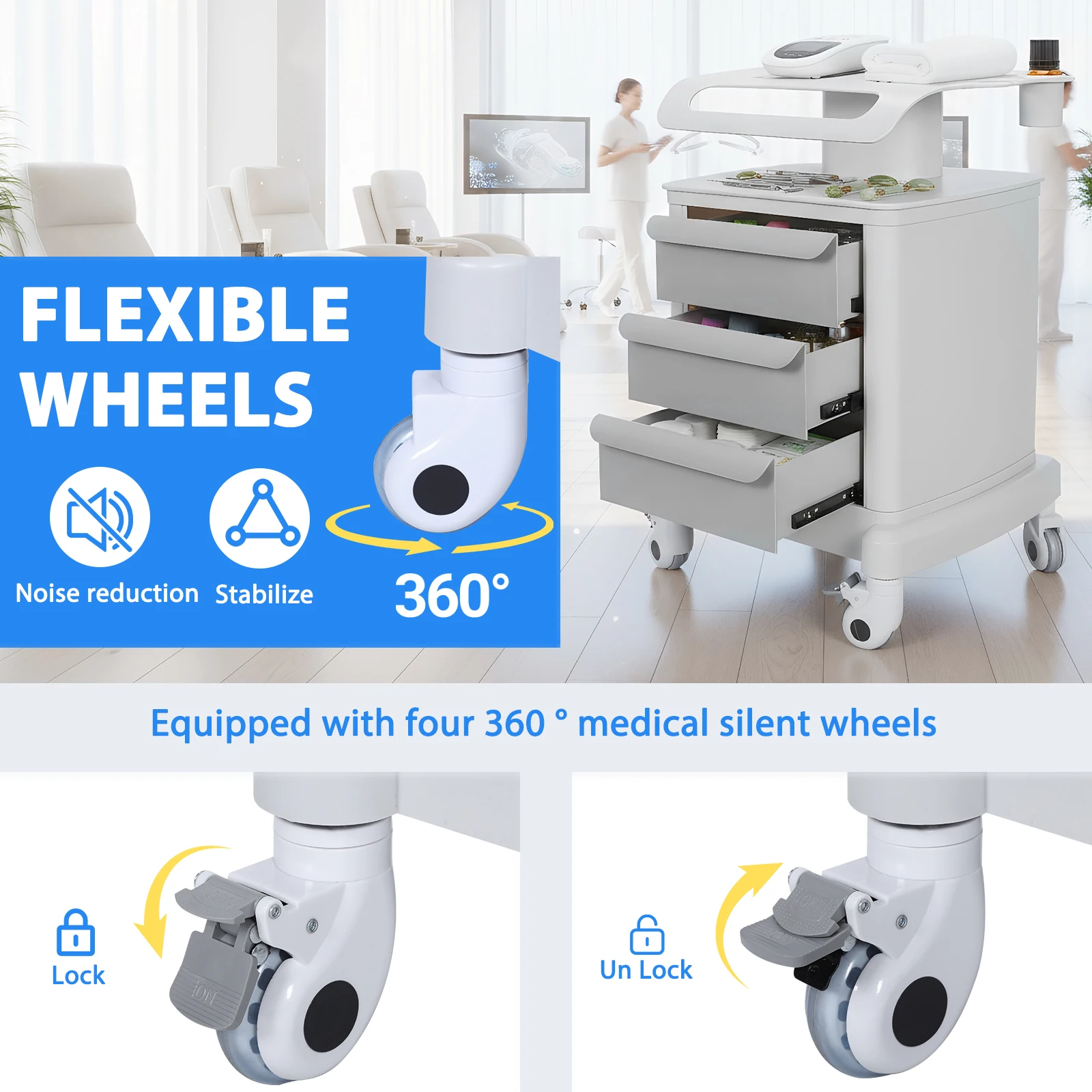 

Beauty Storage Utility Cart with Wheels Mobile Trolley Cart with 3 Drawers 110LBS Load for Hospital Dental Clinics Beauty Salons