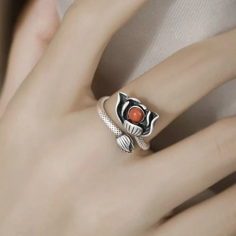 999 Sterling Silver Ring Adjustable Antique Lotus Flower Band Feminine Stackable East Asian Floral Bloom Fine Jewelry Accessory