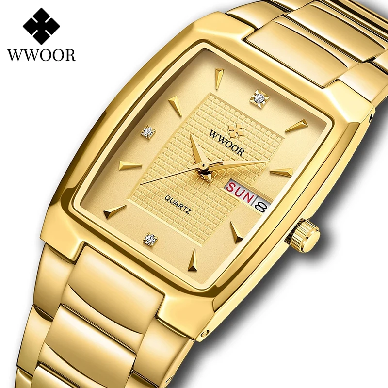 Wwoor 2022 New Square Watch Men With Automatic Week Date Luxury Stainless Steel Gold Mens Quartz Wrist Watches Relogio Masculino