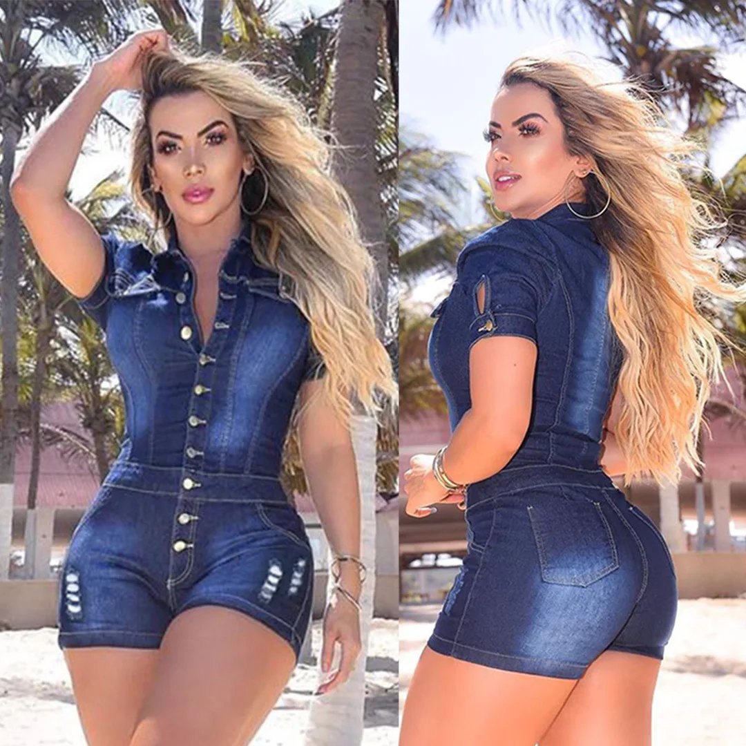 Bleached Denim Rompers Women Jean Overalls Washed Vintage One Piece Single Breasted Shorts Jeans Skinny Solid Distressed