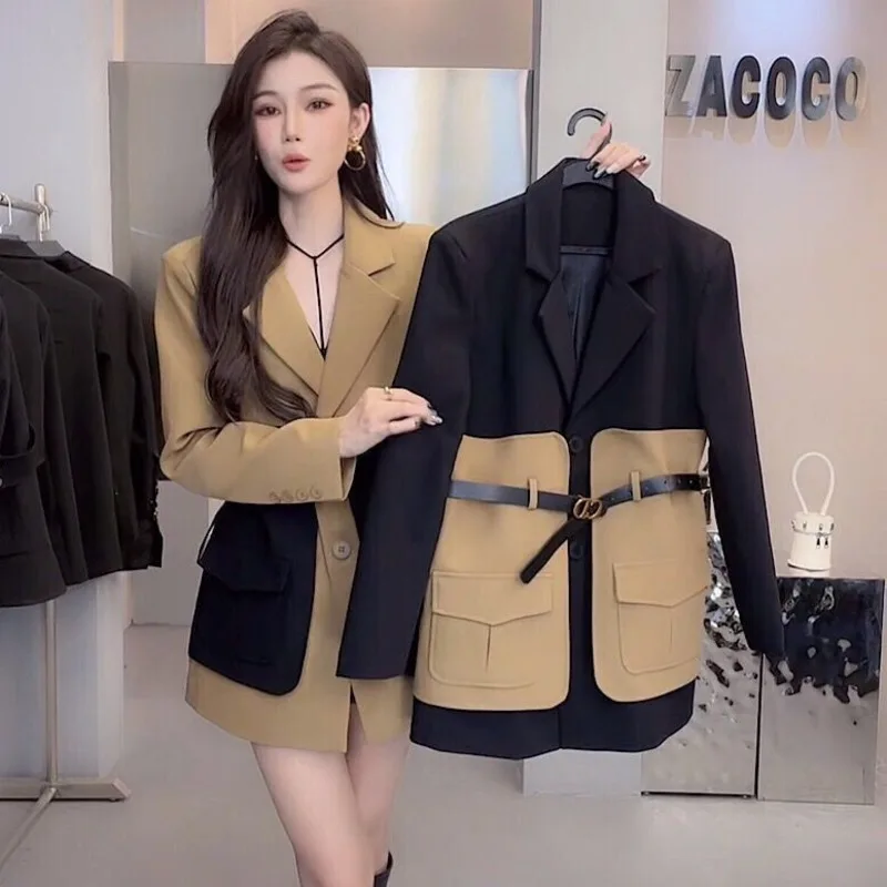 Autumn Women\'s Blazer Jacket Contrast Stitching Long Sleeve Overcoat Fashion With Belt Female Outwear