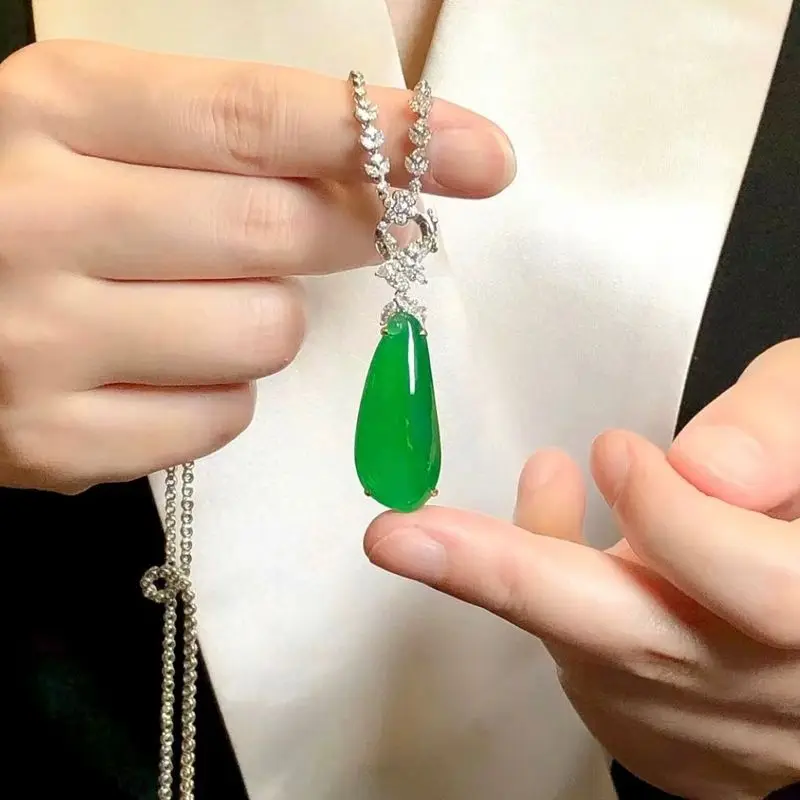 Natural Burmese Emerald Green High Ice Fortune Gourd with 1K Gold Inlay, Authentic Teardrop Jade Pendant