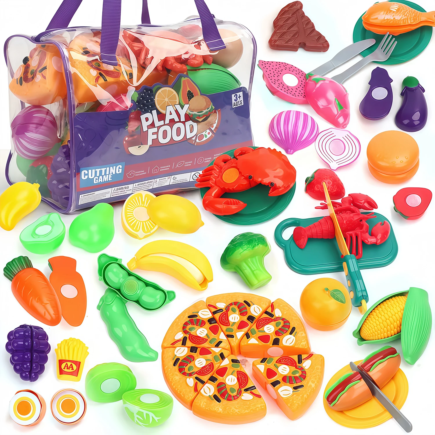 80PCS Pretend Play Food Cutting Set, Kids Fruits Vegetables Pizza Seafood Kitchen Playset
