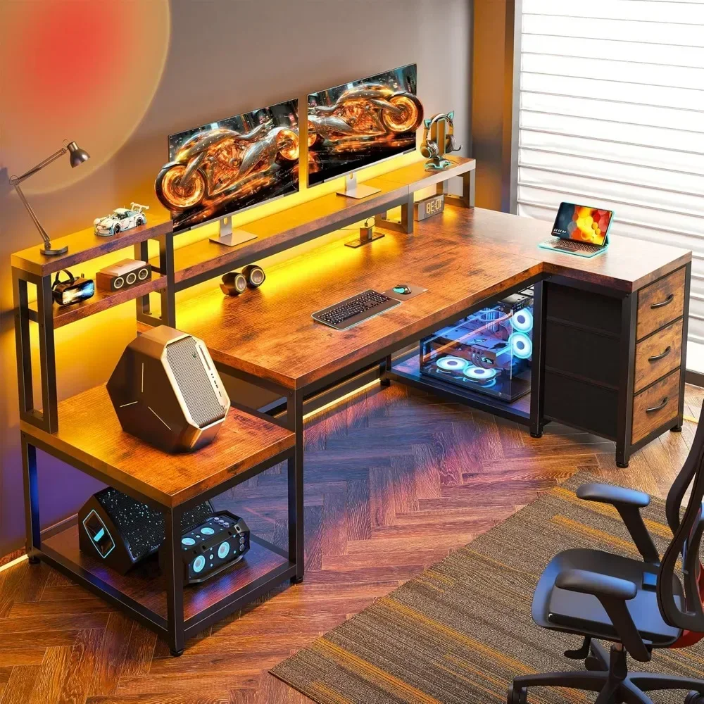 

70.9" L Shaped Gaming Desk, Power Outlet & LED Lights with Storage Shelves and Monitor Stand, Reversible L Shaped Computer Desks