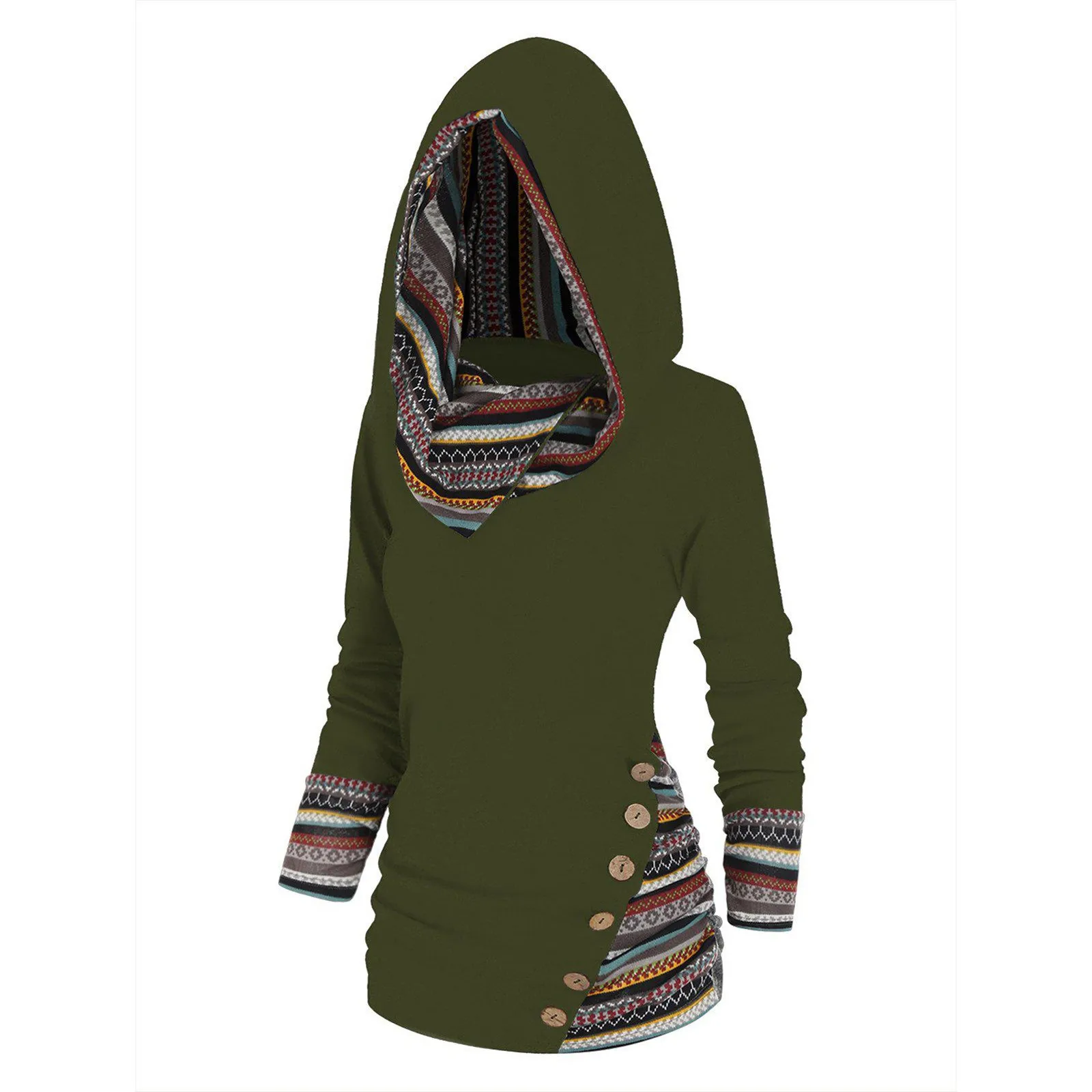 Plus Size Geometric Stripe Panel Hooded Top Long Sleeve Button Top Pullover Tops For Women New Fashion Simple Versatile Clothing