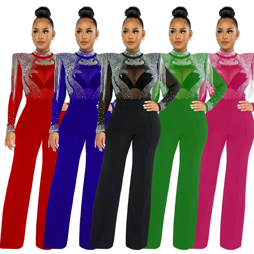 Sexy Nightclub Party Dance Gathering Club Banquet Leisure Slim-Fit High-Neck Sheer Rhinestone-Studded Fringe Jumpsuit
