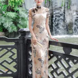 Women New Plus Size Summer Long Cheongsam Lined Vintage Evening Dress Slim Elegant Wedding Show Costumes Qipao M To 5XL