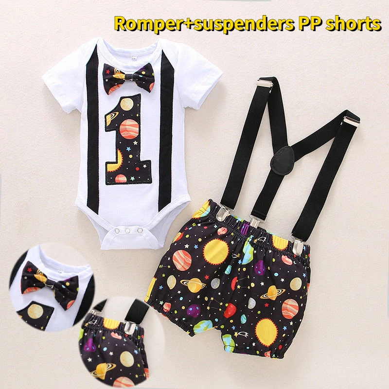 Newborn Infant 1st Birthday Party Baby Boy Outfit White Christening Clothes for Baby Boy Onesies Jumper Suspenders PP Shorts Set