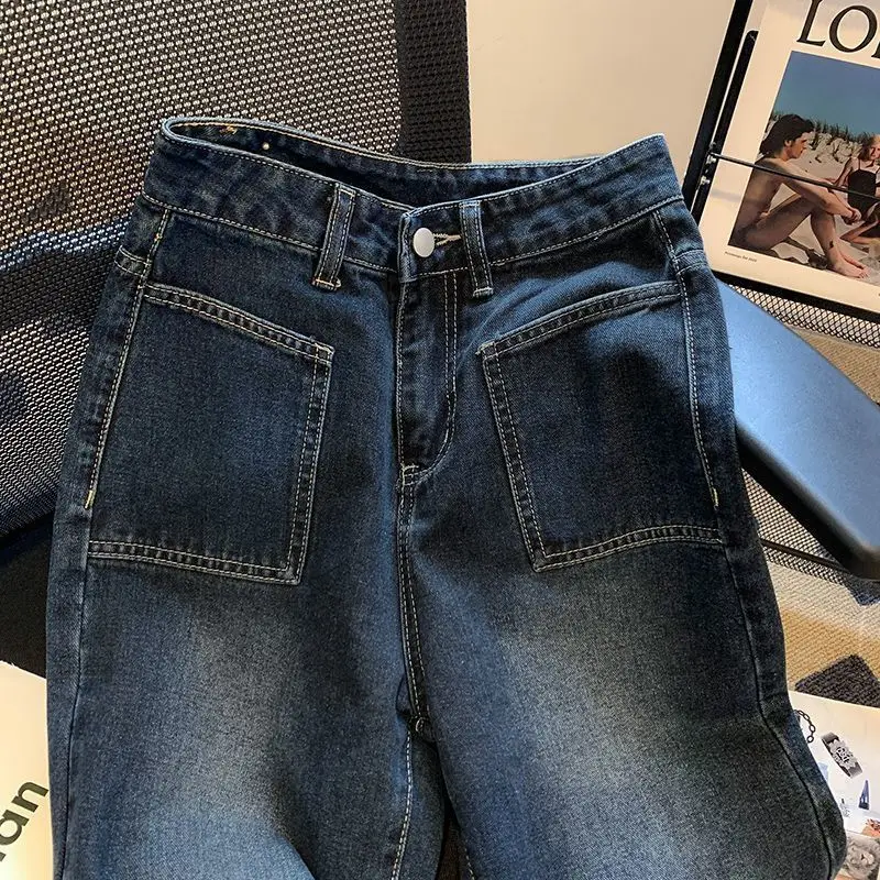 Chic High Waist Jeans Women Loose Fit Wide Leg Straight Pants Large Pocket Floor Length Casual Comfortable Stretchy Denim