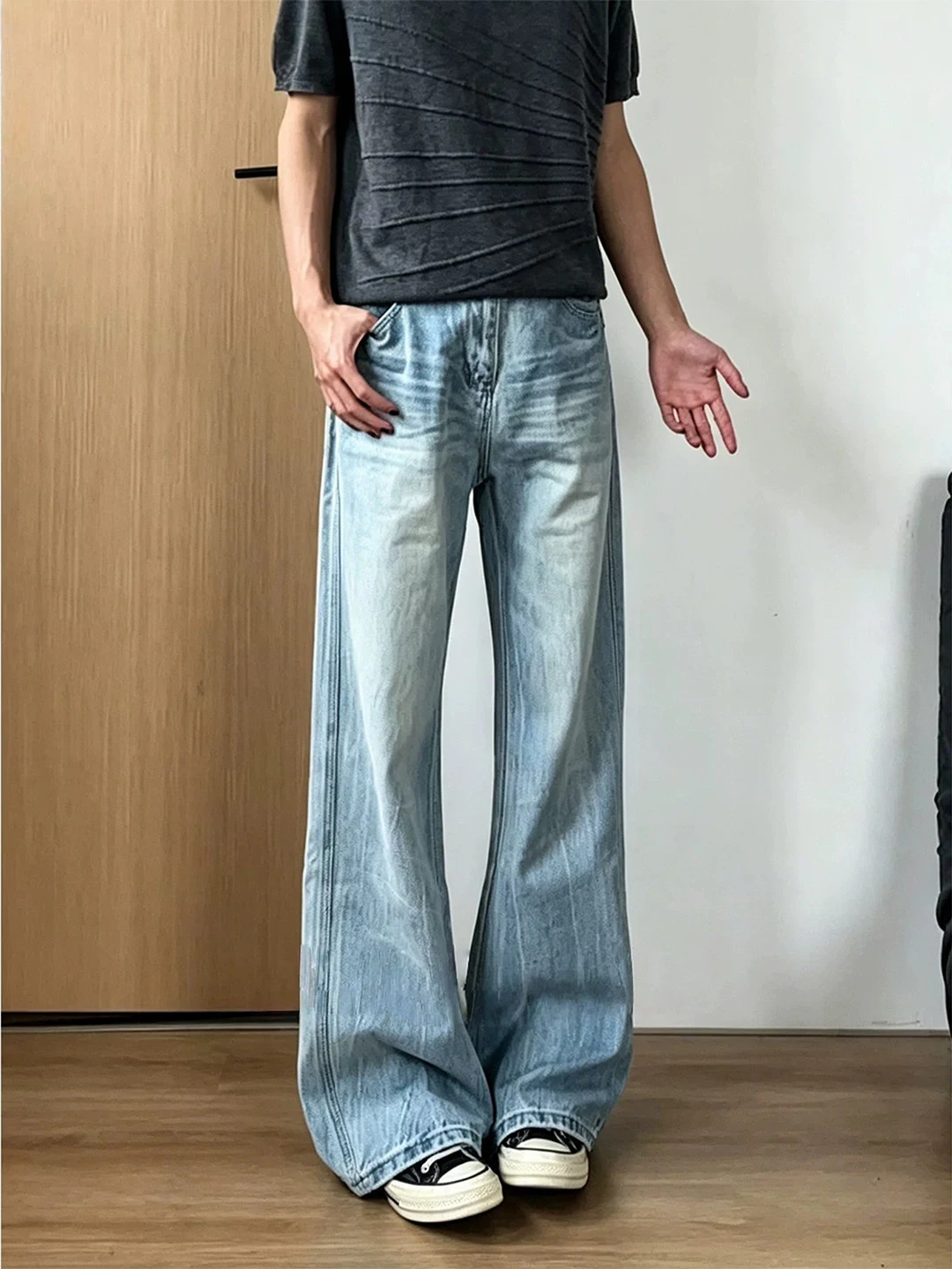 

Cleanfit Light Blue Lightning Pattern Bell Bottom Jeans Men Summer Thin American High Street Straight Knife Pants Casual Jeans