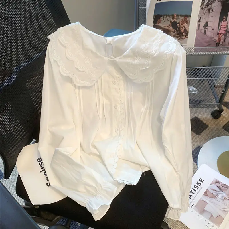 Camisa con cuello de muñeca de encaje francés, camisa base para mujer, camisa pequeña, fresca, dulce, holgada, top de estilo occidental